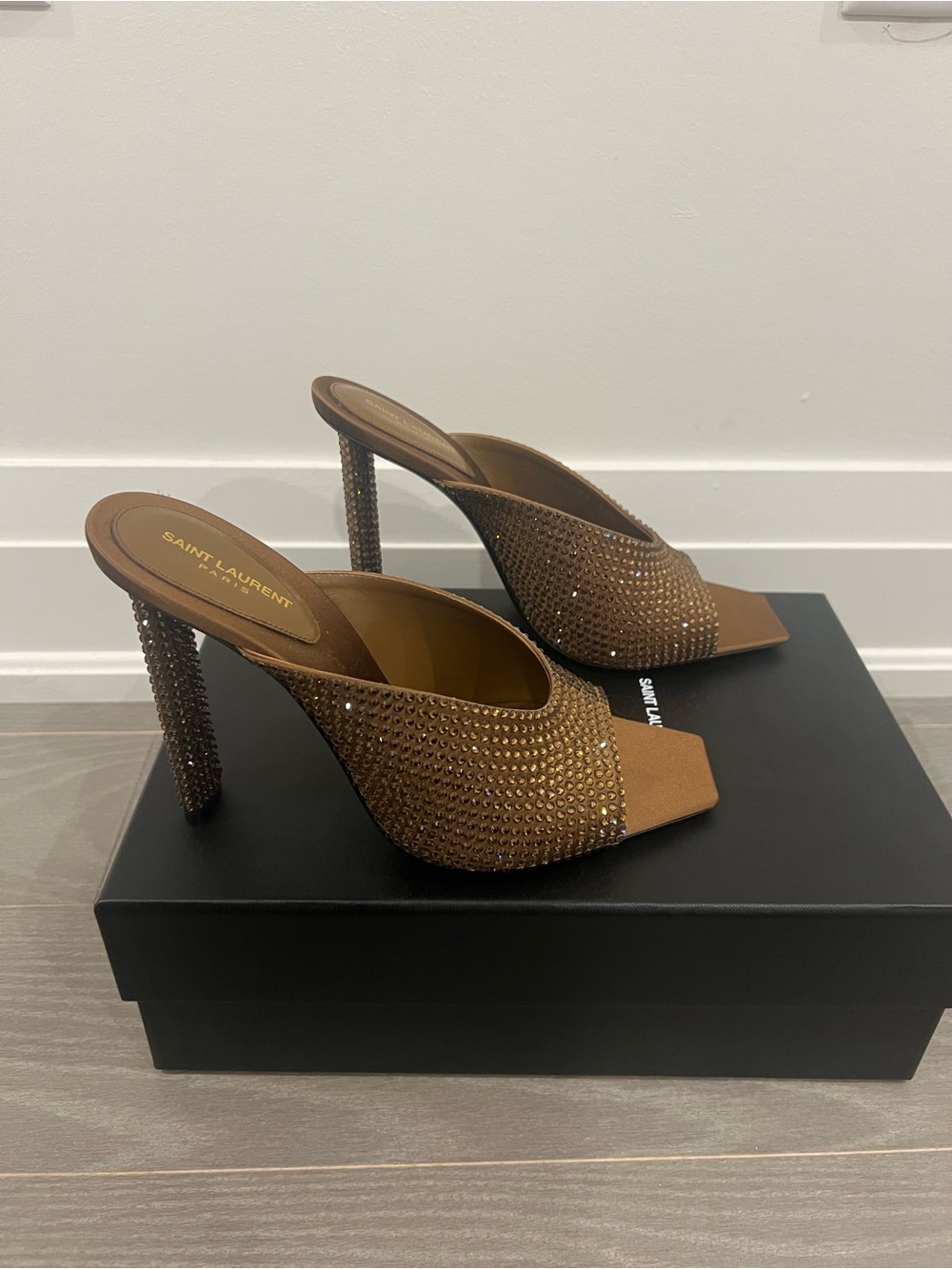 Saint Laurent Brown Crystal-Embellished Stiletto Mules